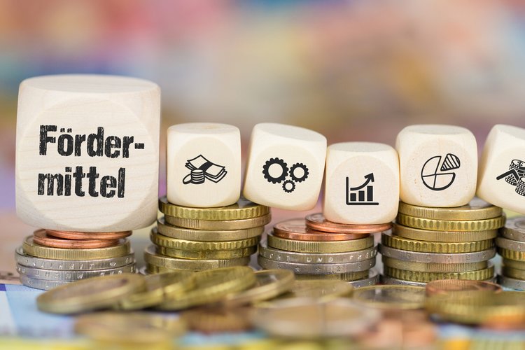 Kleine Stapel von Geldmünzen auf denen Würfel liegen. Auf dem ersten Würfel steht das Geld Fördermittel, auf den restlichen sind Symbole für Finanzen, Wirtschaft und Zusammenarbeit abgebildet. 